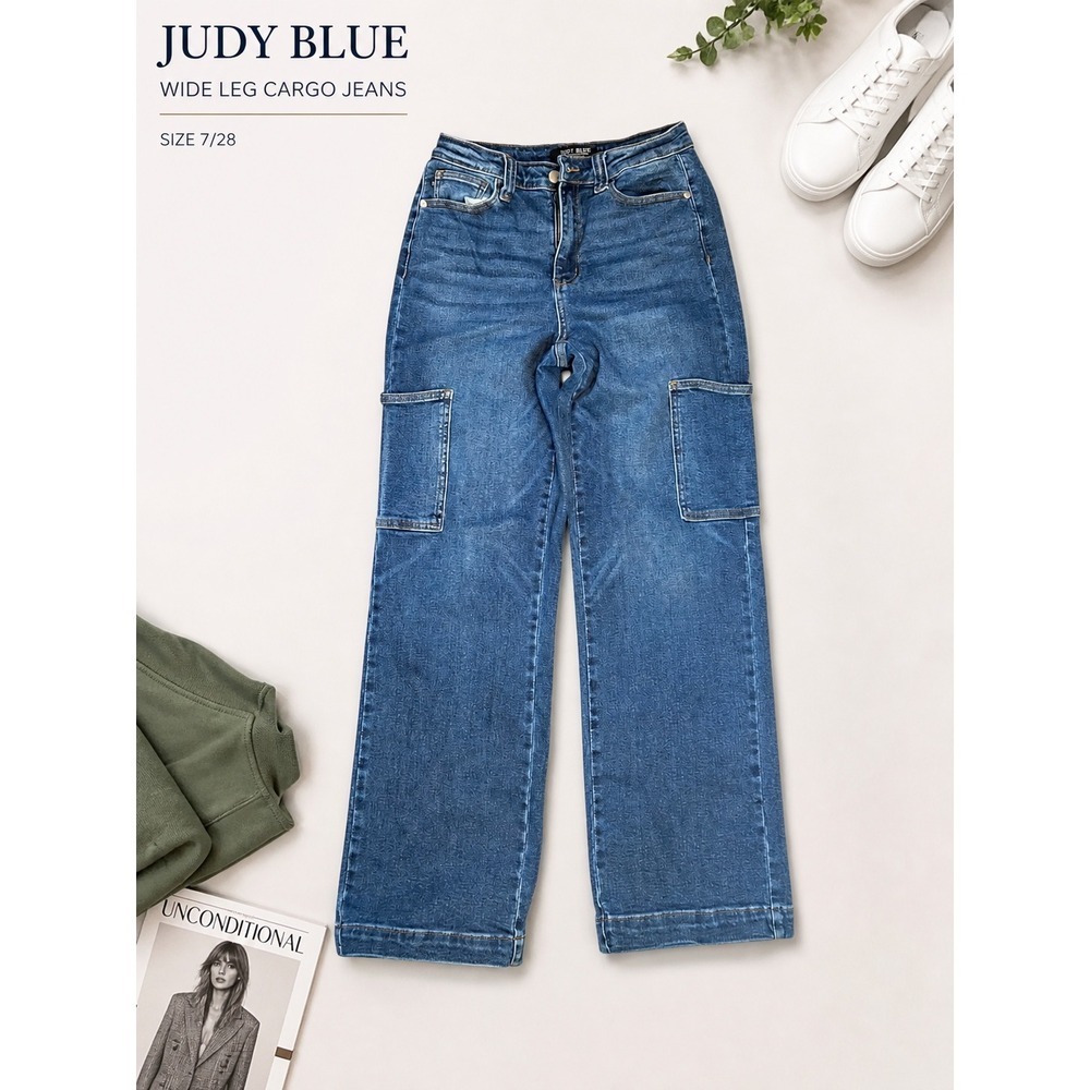 Judy Blue Wide Leg Cargo Jeans High Rise Relaxed Denim Utility Pockets Casual 28